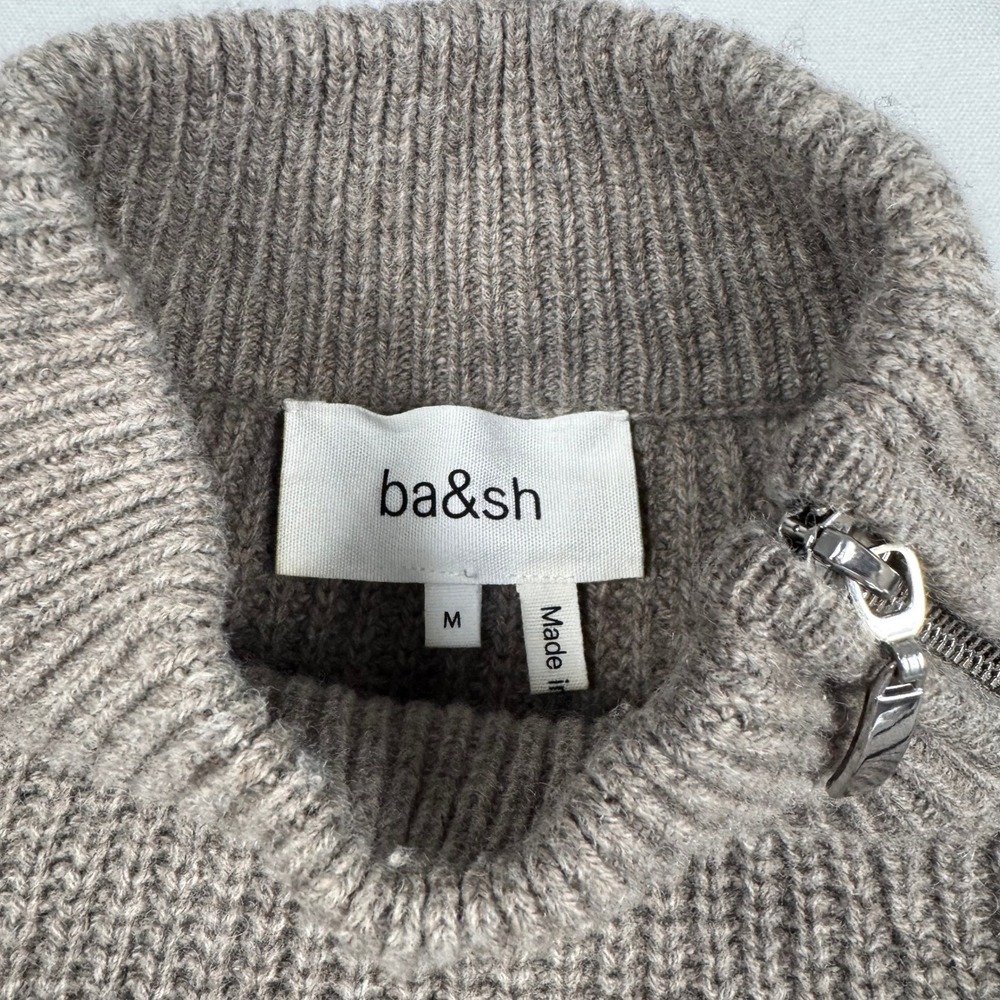 ba&sh Lady Pullover Women Size M Chamois Brown Stripe Puff Shoulder Zip Wool Yak - Picture 4 of 12